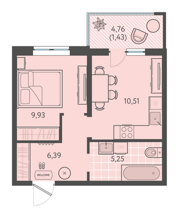 Планировка 1-комн 33,64 - 34,34 м²