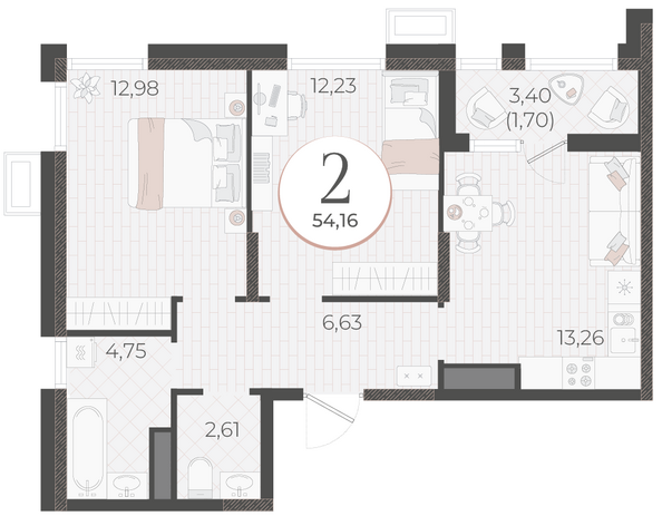 Планировка 2-комн 54,16 м²