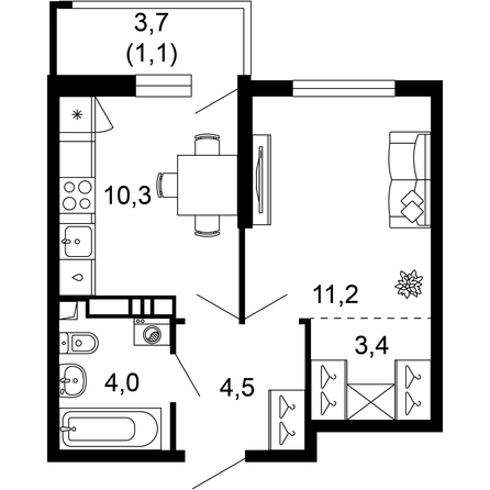 Планировка 1-комн 34,5 м²