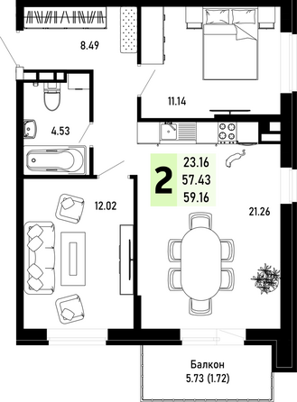Планировка 2-комн 59,16 м²