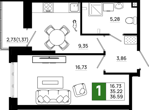 Планировка 1-комн 36,59 м²