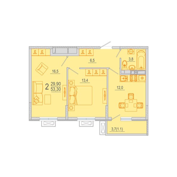 Планировка 2-комн 53,3 м²