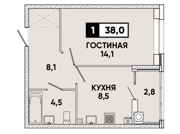 Планировка 1-комн 38 м²