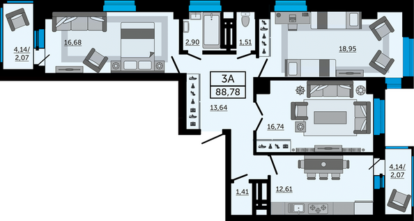 Планировка 3-комн 88,78 м²