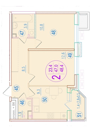 Планировка 2-комн 48,4 м²