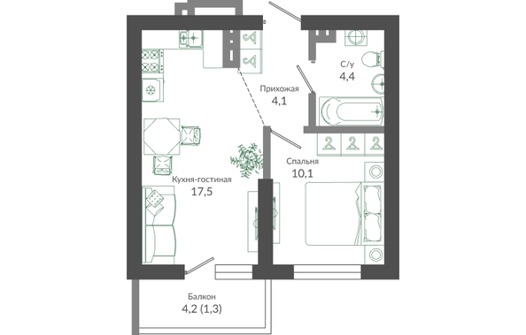 Планировка 1-комн 37,4 м²