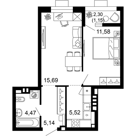 Планировка 2-комн 43,55 м²