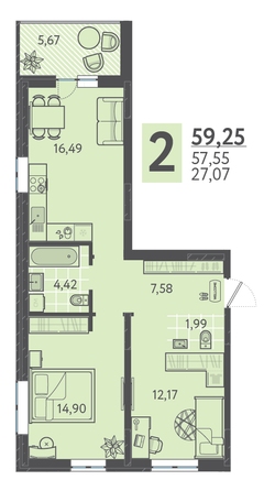 Планировка 2-комн 59,25 м²