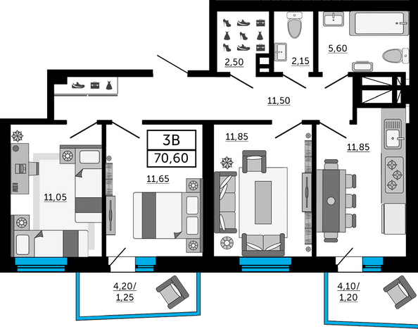 Планировка 3-комн 70,2, 70,6 м²