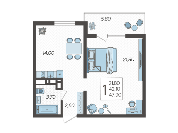 Планировка 1-комн 47,9 м²