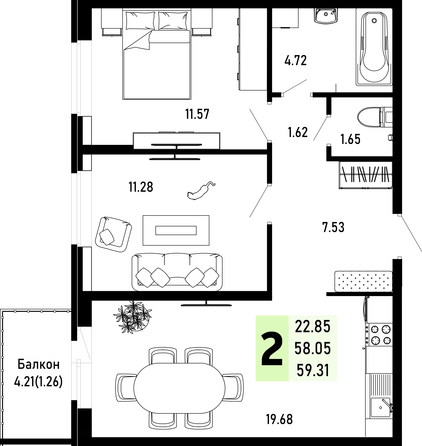 Планировка 2-комн 59,31 м²