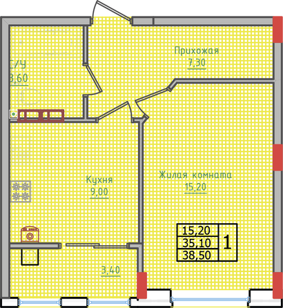 Планировка 1-комн 38,5 м²