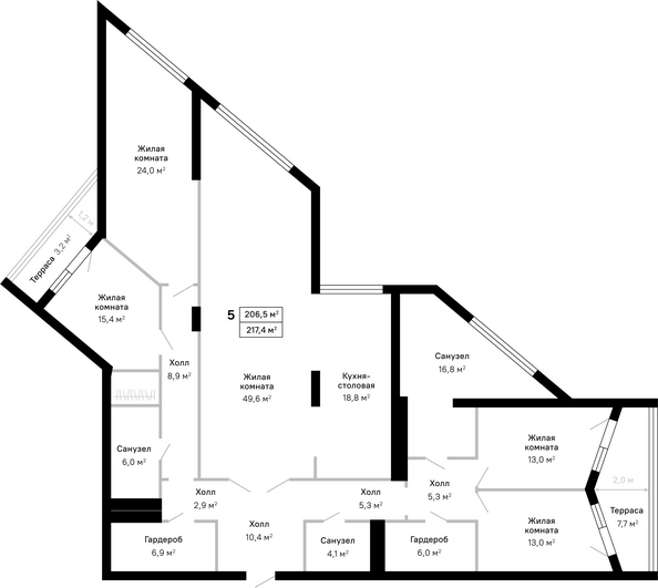 Планировка 5-комн 217,4 м²