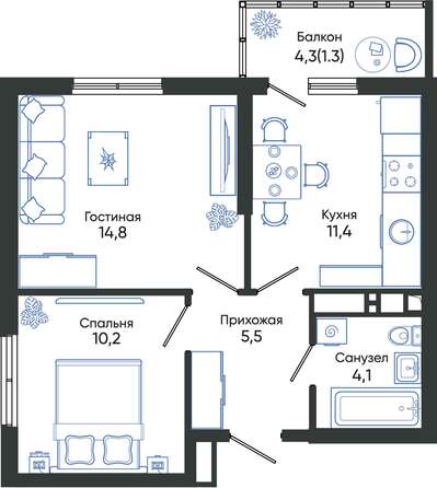 Планировка 2-комн 47,3 - 48 м²