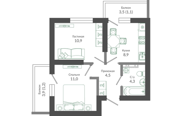Планировка 2-комн 41,9 м²
