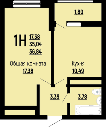 Планировка 1-комн 36,84 м²