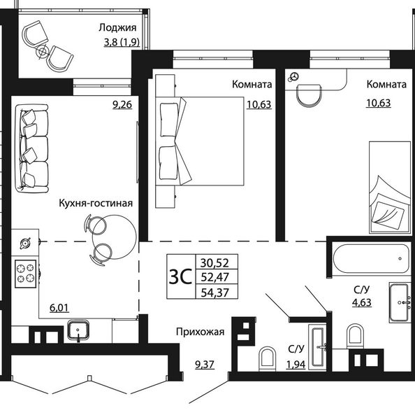 Планировка 3-комн 54,37 м²