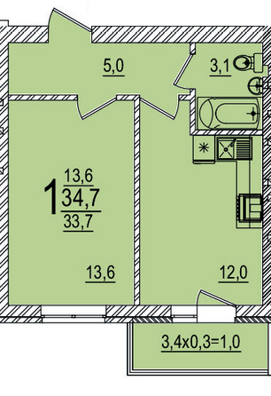 Планировка 1-комн 34,7 м²
