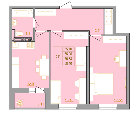 Планировка 2-комн 67,91 м²