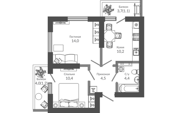 Планировка 2-комн 45,8 м²