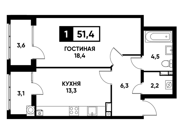 Планировка 1-комн 51,4 м²