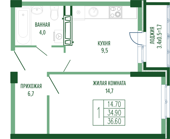 Планировка 1-комн 36,6, 36,7 м²