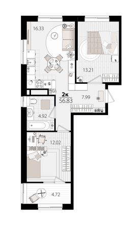 Планировка 2-комн 56,49 м²