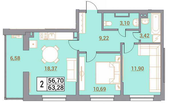 Планировка 2-комн 63,28 м²