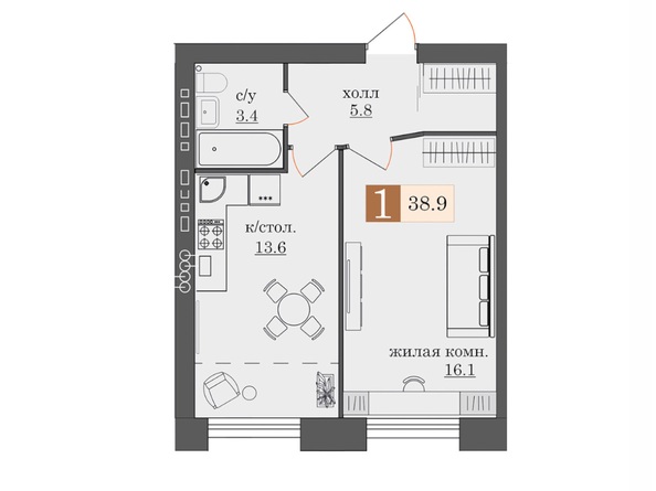 Планировка 1-комн 38,2, 38,9 м²