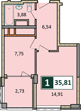 Планировка 1-комн 35,81 м²