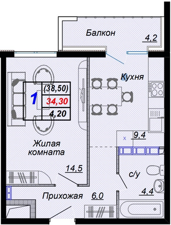 Планировка 1-комн 38,5 м²