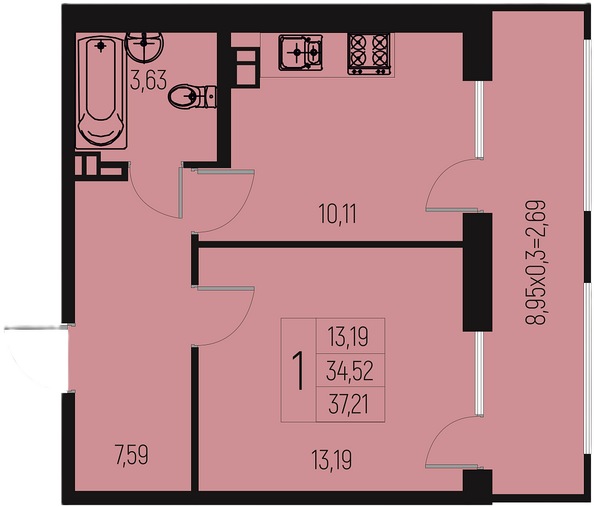 Планировка 1-комн 33,93, 37,21 м²