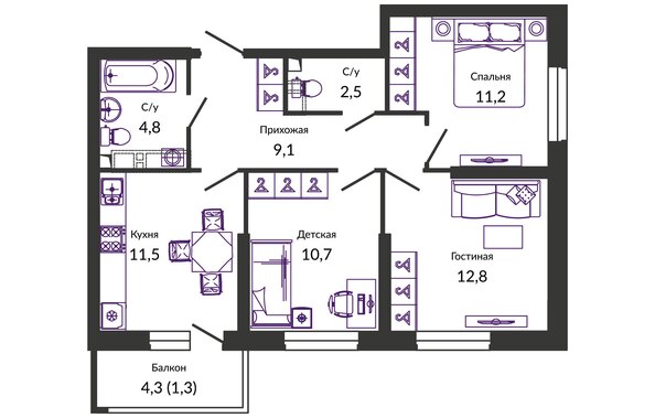 Планировка 3-комн 63,9 м²