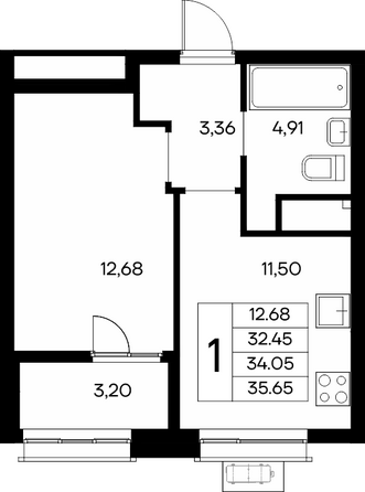 Планировка 1-комн 35,55 - 36,22 м²