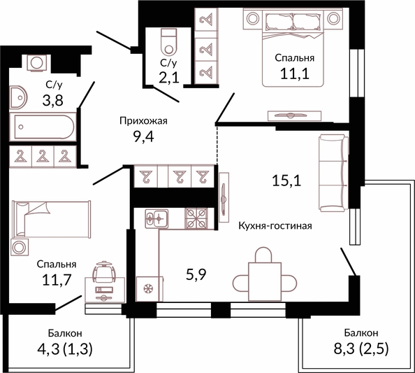 Планировка 2-комн 62,9 м²