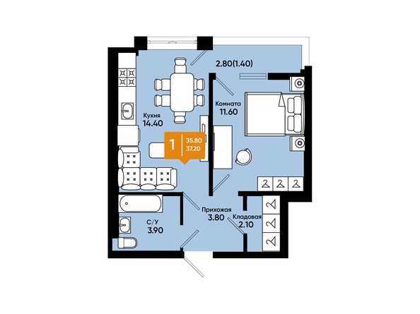 Планировка 1-комн 37,2 м²
