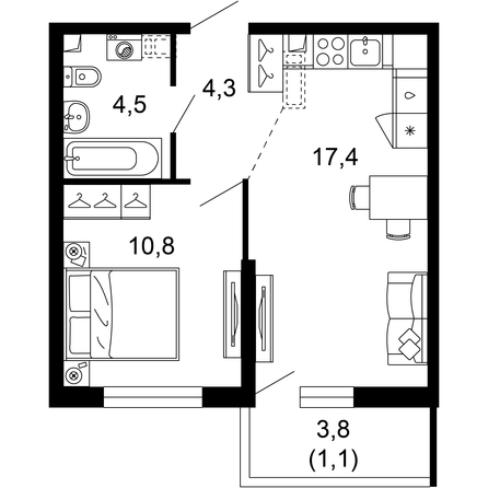 Планировка 1-комн 38,1 м²