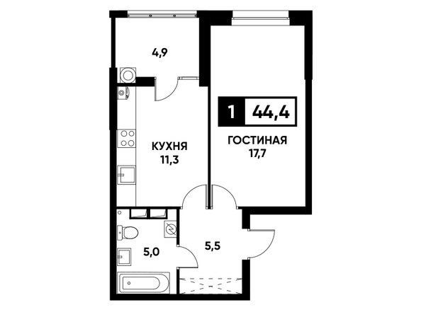 Планировка 1-комн 44,4 м²
