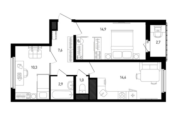 Планировка 2-комн 52,4 м²