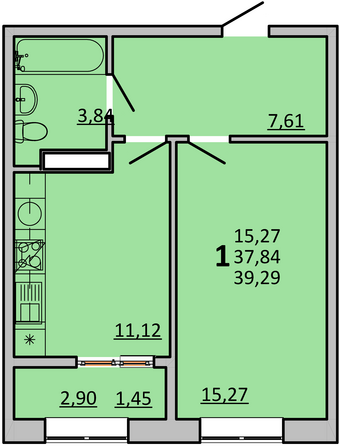 Планировка 1-комн 39,15 м²