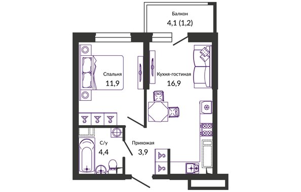 Планировка 1-комн 38,3 м²