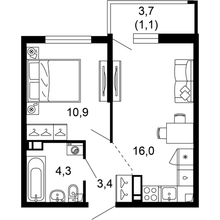 Планировка 1-комн 35,7 м²