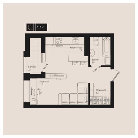 Планировка Студия 31,8 м²