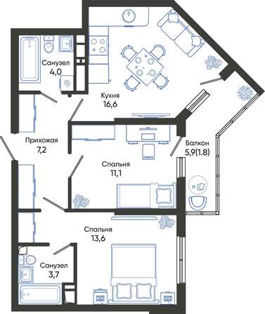 Планировка 2-комн 58 - 59 м²