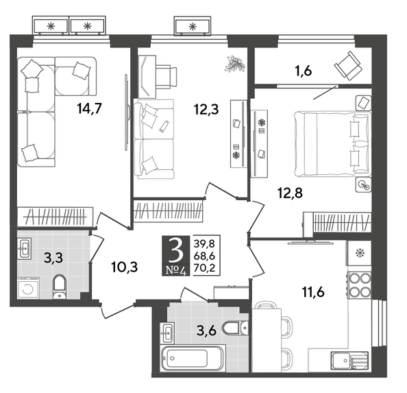 Планировка 3-комн 70,2 м²