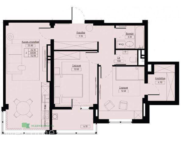 Планировка 2-комн 72,9 м²
