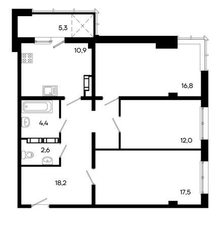 Планировка 3-комн 87,3, 87,7 м²