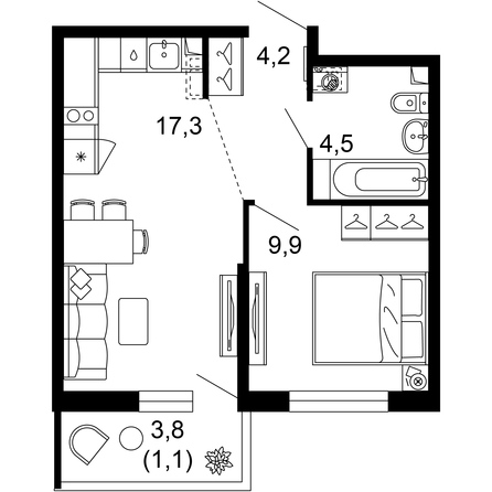 Планировка 1-комн 37 м²