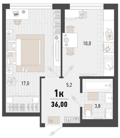 Планировка 1-комн 36 м²