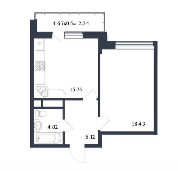 Планировка 1-комн 46,66 м²
